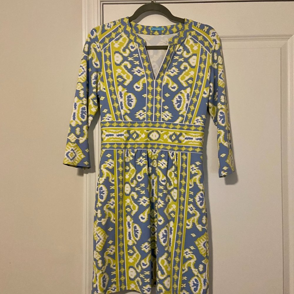 J. McLaughlin Blue & Green Ikat V-Neck Shift Dress Size S